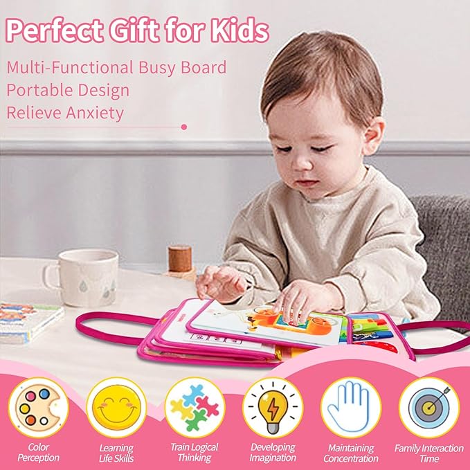 Montessori Busy Board for Toddlers Sensory Activity Board with Zipper, Buckle, Laces - Educational Travel Toy, Learning Fine Motor Skills, Montessori Toys