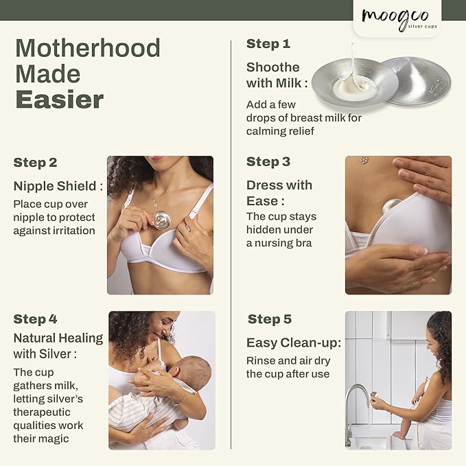Moogco The Original Silver Nursing Cups - Nipple Shields for Nursing Newborn - Breastfeeding Essentials - Newborn Essentials Must Haves - Nipple Covers Breastfeeding - 925 Silver (X-Large)