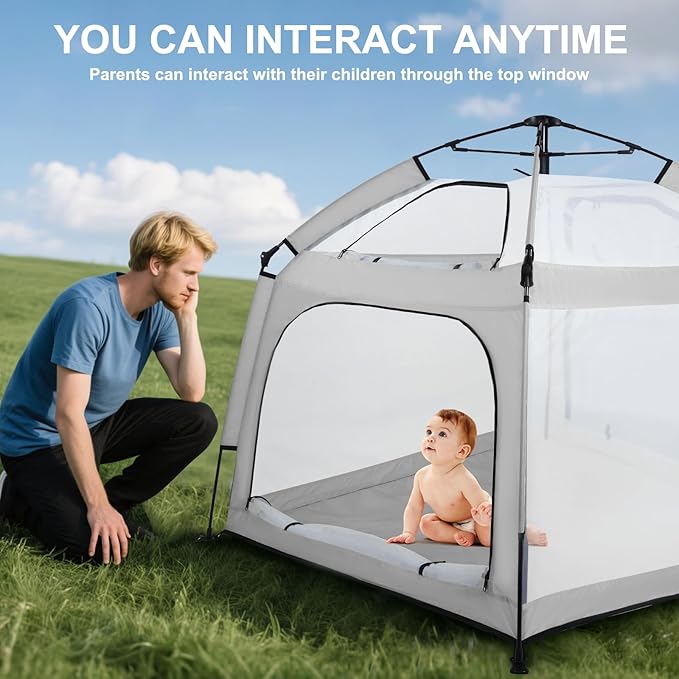 Portable Baby Playpen with Canopy, Infant Play Yard, Beach Tent, Mosquito Net for Indoor and Outdoor (Grey)