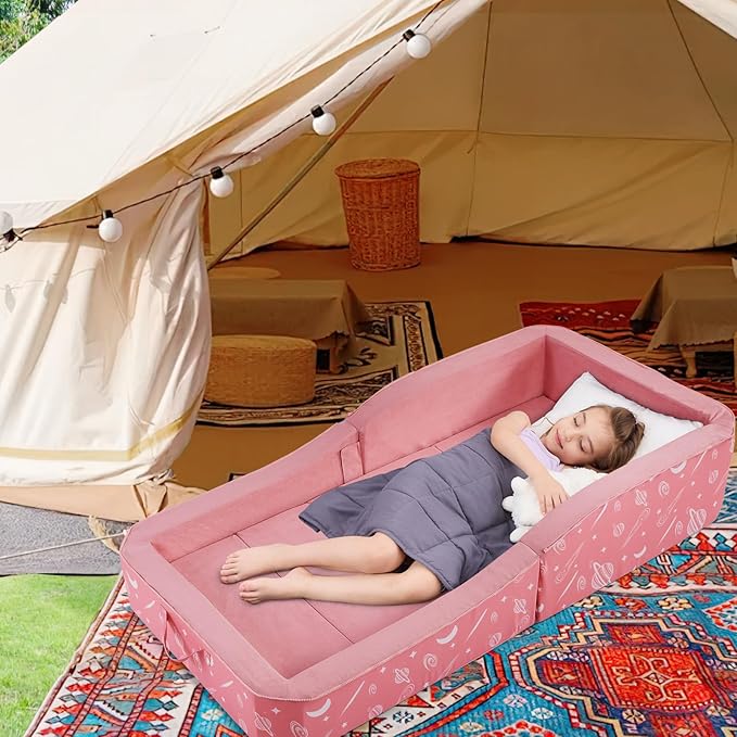 JOYWOO Toddler Floor Bed, Toddler Travel Bed, Foldable Portable Toddlers Beds for Home/Playing/Nap/Hotel, Kids Floor Crib with Washable Cloth Cover, Toddlers Cots for Kids Sleeping, Peach Pink