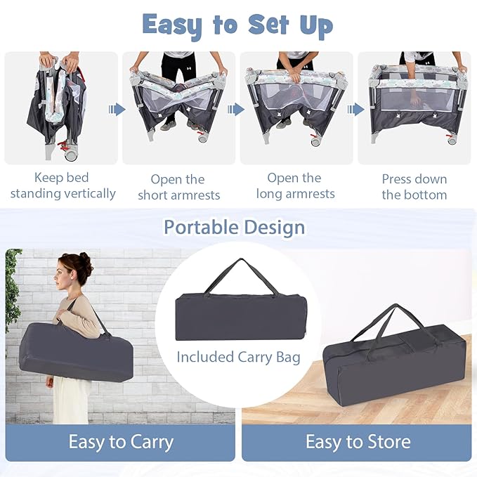 BABY JOY 5-in-1 Pack and Play, Portable Baby Bedside Sleeper with Bassinet, U-Shaped Diaper Changer, Safety Strap, Side Zipper Entrance, Hangings, Bedside Crib Playard from Newborn to Toddlers (Gray)
