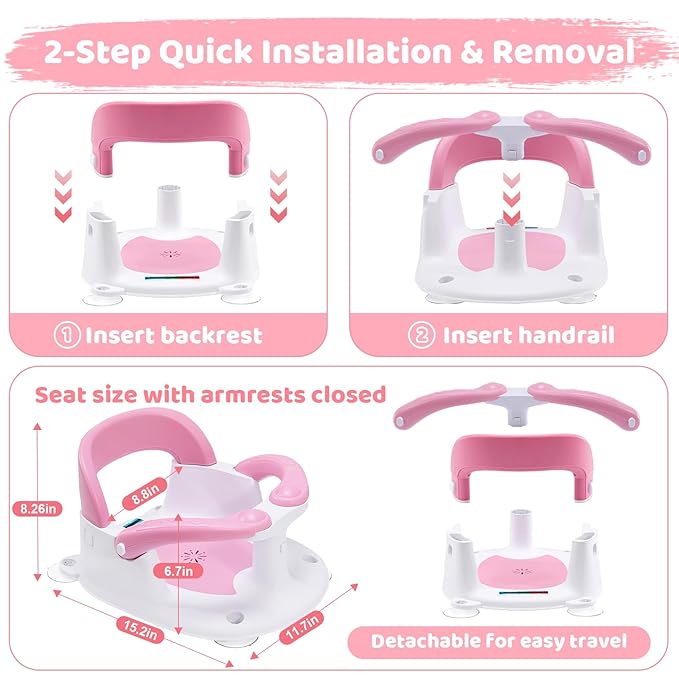 Baby Bath Seat for Babies 6 Months & Up Sitting Up,Infant Bath Seat with Temperature Alert+Open Backrest+on/Off Armrest,Toddler Bath seat Baby Bath Chair for Bathtub,Tub,Sink Pink