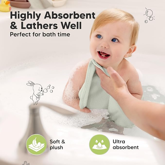 6-Pack Soft Baby Washcloths, Viscose from Bamboo - Kids, Newborn Bath Towels, Infant Shower, Toddler Reusable Face Towel, Gentle on Skin, Face Wash Cloths for Babies, 10x10 (Hills)