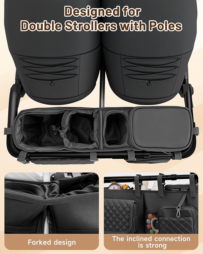 kcross Double Stroller Organizer Bag for Bob Duallie and Baby Jogger City Mini Gt2, Double Stroller Caddy Organizers with Cup Holder,Parent Console Stroller Accessories with Cooler Pockets