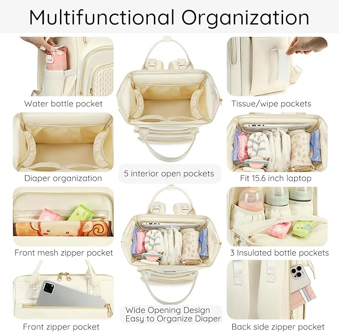 AIJIEKE Diaper Bag, Large Wide-Open Baby Diaper Backpack, Multi-functional Baby Travel Tote Bag, Diaper Bag with Changing Pad, Diaper Bags for Mom & Maternity (Beige)