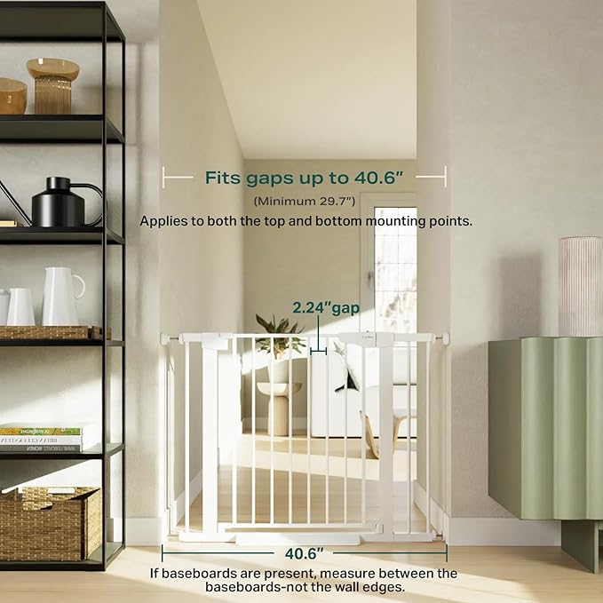 Cumbor 29.7-40.6" Baby Gate for Stairs, Mom's Choice Awards Winner-Dog Gate for Doorways, Pressure Mounted Auto-Close Pet Gates for Dogs Indoor, Safety Child Gate with Easy Walk Thru Door, White
