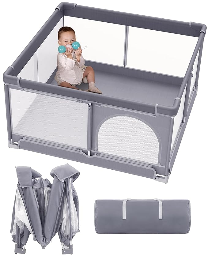Foldable Baby Playpen with Non-Removable Thick Mat, Extra Large Collapsible Play Yard for Babies & Toddlers, Portable Travel Playpen with Gate, Safe Activity Center (51"×51" Gray)