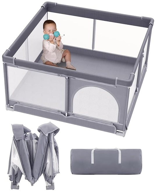 Foldable Baby Playpen with Non-Removable Thick Mat, Extra Large Collapsible Play Yard for Babies & Toddlers, Portable Travel Playpen with Gate, Safe Activity Center (51"×51" Gray)