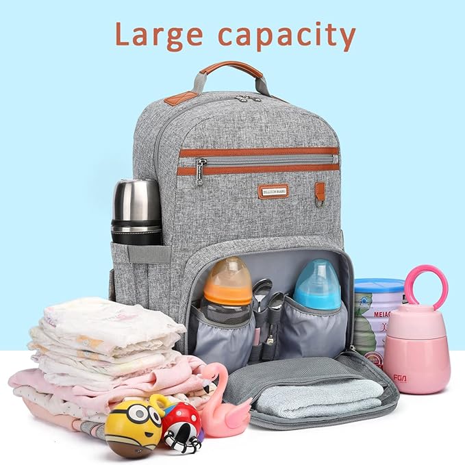 Diaper Bag Backpack, Large Baby Nappy Bags with Portable Changing Pad for Boys and GirlsMultifunction Travel Baby Bag for Moms Dads, Shower Gifts Waterproof and Stylish,Grey