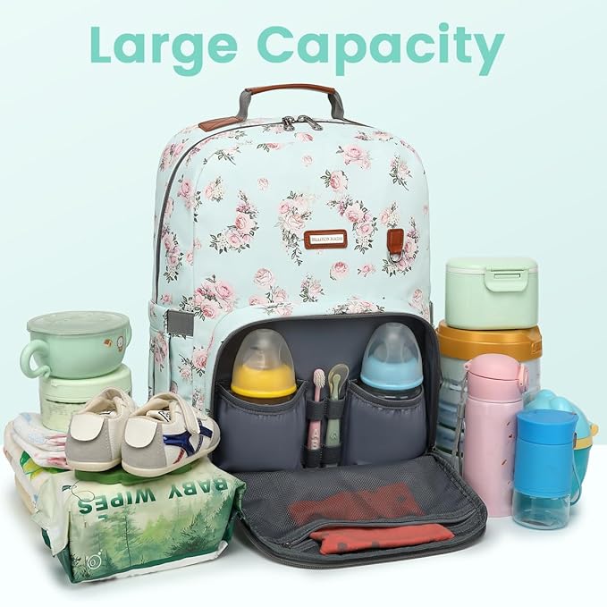 Diaper Bag Backpack, Large Baby Nappy Bags with Portable Changing Pad for Boys and GirlsMultifunction Travel Baby Bag for Moms Dads, Shower Gifts Waterproof and Stylish,Flower Green