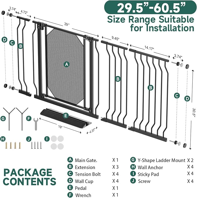 29.5"-60.5" Extra Wide Metal Mesh Baby Gate for Stairs & Doorways - Auto Close, Pressure Mounted 30.5" Tall, Easy Install, No Drilling - Child Satety Gate for Babies, Pet Gate for Dogs, Black