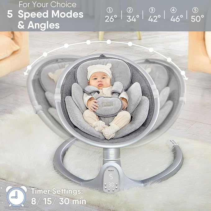 BabyBond Baby Swings for Infants, Bluetooth Infant Swing with 3 Seat Positions, 5 Natural Sway Motion and 5-Point Harness, Portable Baby Swing for Indoor and Outdoor, Silver