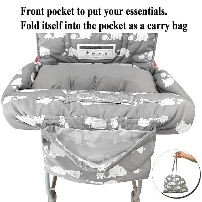 Soft Pillow Attached 2-in-1 Shopping Cart and High Chair Cover for Baby, Cotton Padded Cart Cover, Fold'n Roll Style, Portable with Carry Bag (Gray Elephant)