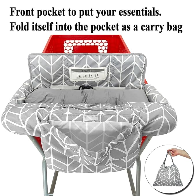 Soft Pillow Attached 2-in-1 Shopping Cart and High Chair Cover for Baby, Cotton Padded Cart Cover, Fold'n Roll Style, Portable with Carry Bag (Gray Arrow)