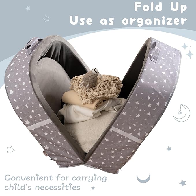 BYBYME Portable Toddler Travel Bed - Waterproof Foldable Floor Crib with Washable Fitted Sheet - Ideal Folding Toddler Cots for Sleeping and Sleepovers (Dark Grey)