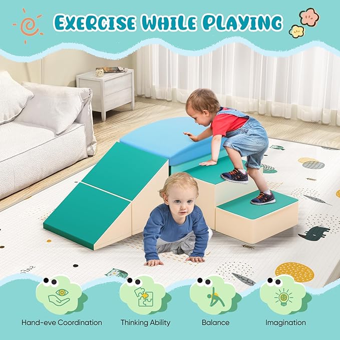 Lischwert Soft Foam Climber Play Set with Slide, Stairs, Ramp - Indoor Climbing Toys for Toddlers, 6 Pieces (Light Blue)