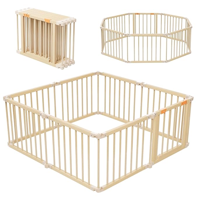 Baby Playpen, Wooden Playpen for Babies and Toddlers, Foldable Play Yard with Gate, 8 Panels Baby Fence, Indoor Play Area, Child Activity Center