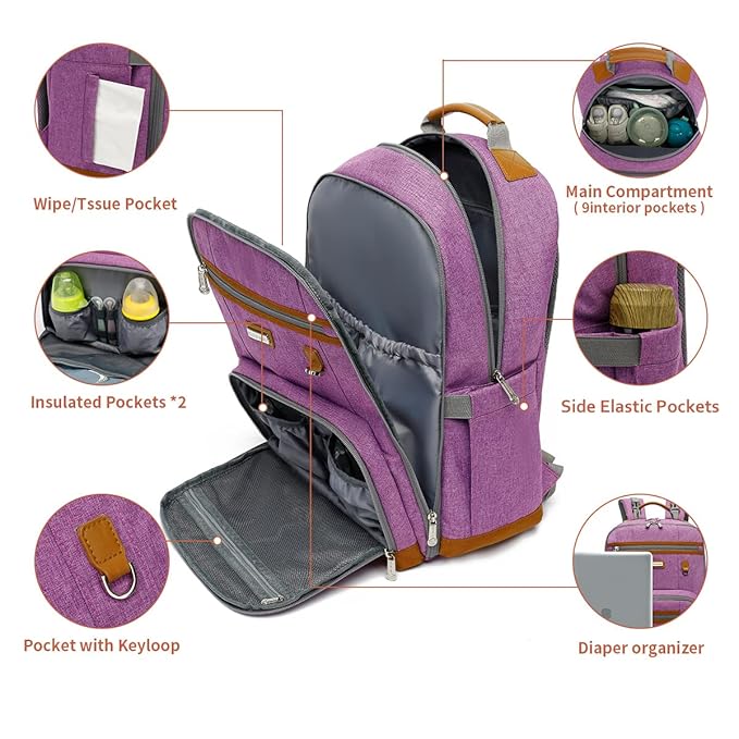 Diaper Bag Backpack, Large Baby Nappy Bags with Portable Changing Pad for Boys and GirlsMultifunction Travel Baby Bag for Moms Dads, Shower Gifts Waterproof and Stylish,Purple