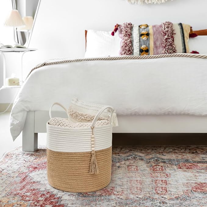 Mkono Woven Storage Basket Decorative Rope Basket Wooden Bead Decoration for Blankets,Toys,Clothes,Shoes,Plant Organizer Bin with Handles Living Room Home Decor, 11" W × 11" L, Cream White and Brown