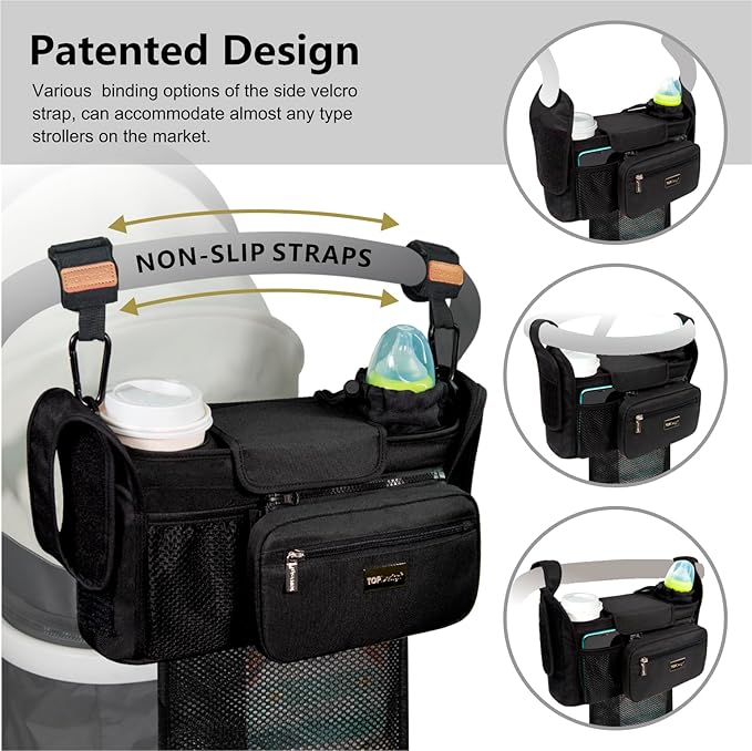 TOPDesign Universal Baby Stroller Organizer, Stroller Caddy with Detachable Mesh Bag & Heightened Insulated Cup Holders & Non-Slip Secure Hooks Accessories, Fits Most Strollers (Peony)