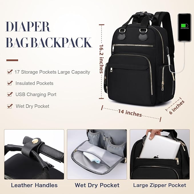 Diaper Bag Backpack, Baby Diaper Bag with 17 Pockets, Travel Baby Bag Backpack for Girl Boy, Large Diaper Bag with Changing Pad,USB Charging Port,Wet Dry Bag,Black