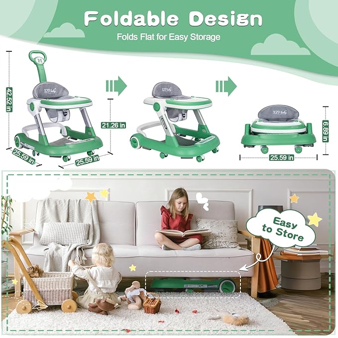 Baby Walker with Wheels 5 in 1 Foldable Activity Center with Mute Wheels Adjustable Heights Anti-Fall Push Walkers for Boys Girls Safe Infant Toddler Walker with Footrest for 6-24 Months