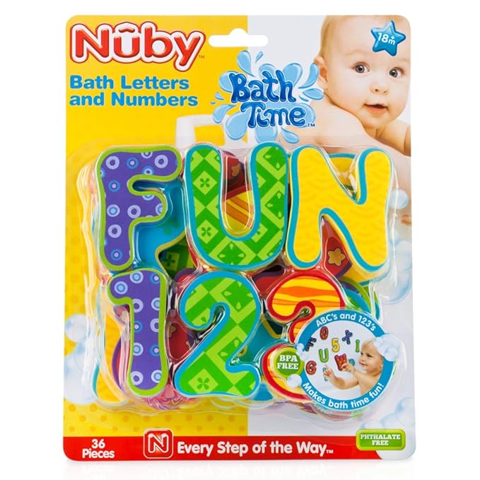 Nuby Floating Bath Tub Alphabet and Numbers Set - Soft Foam Waterproof Letters and Numbers - 36 Pieces - Educational Bath Toys for Kids - 3+ Years