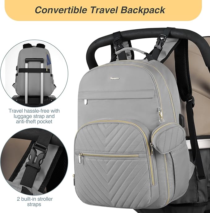 MOMUVO Diaper Bag Backpack, Quilted Baby Bag with Changing Pad and Stroller Straps and Pacifier Case, Large Travel Diaper Bags for Mom Dad, Grey