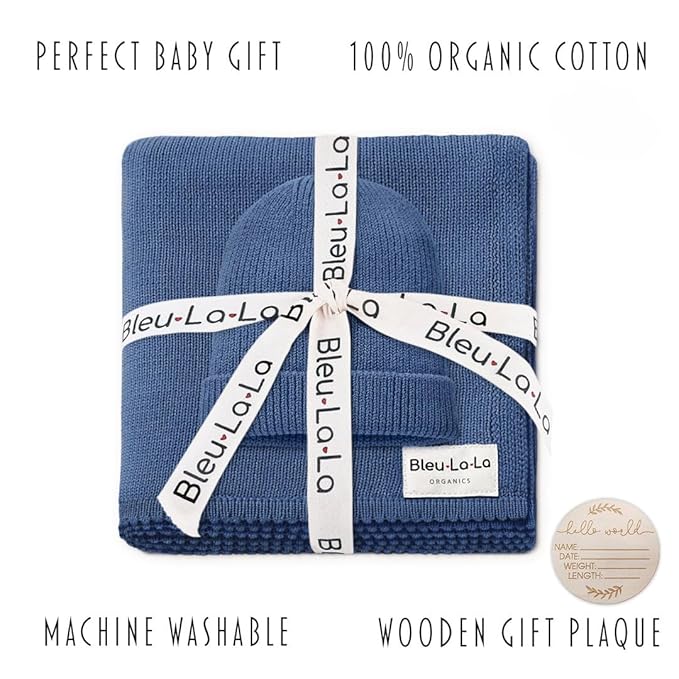 Luxe Collection 100% Organic Cotton Luxury Knit Baby Blanket + Hat Set (Denim Blue)