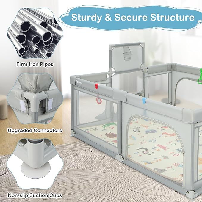 INFANS Baby Playpen, 74” x 62” Extra Large Play Yard for Babies and Toddlers with Crawling Mat Ocean Balls Basketball Hoop 2 Football Gates Indoor Outdoor Activity Center (Light Gray)