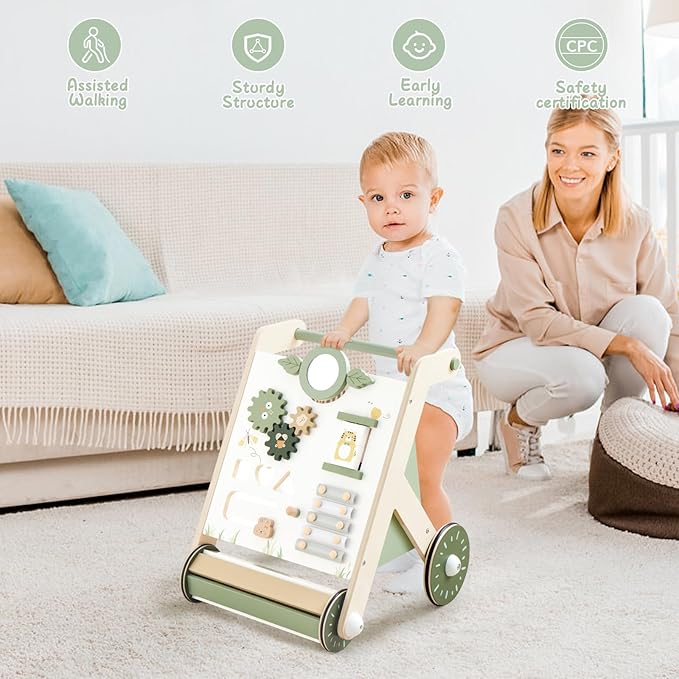 Beright Wooden Baby Walker with Roller Upgraded, Push and Pull Learning Activity Walker, Multi-Functional Kidsâ Activity Toys, Develops Motor Skills & Stimulates Creativity, Green