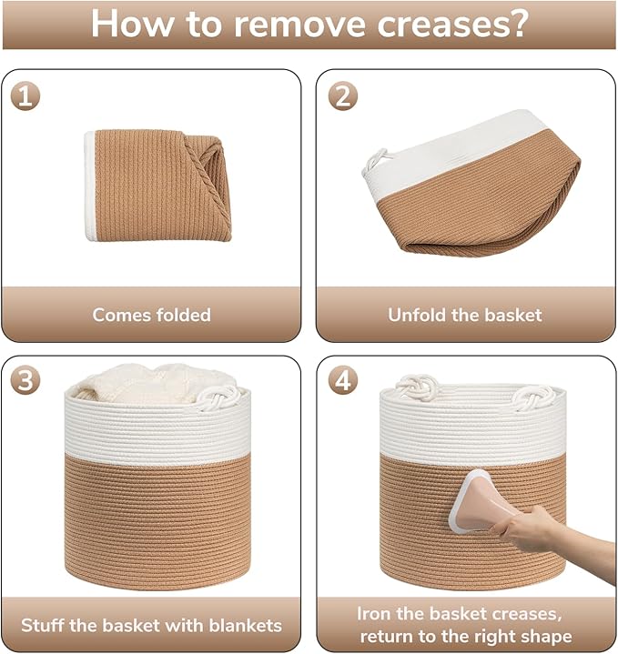 Goodpick Cotton Rope Storage Basket, 15 x 14.2 Inches Jute Woven Basket for Blankets Clothes Organizing, Baby Laundry Baskets Toy Storage With Handle, White Jute