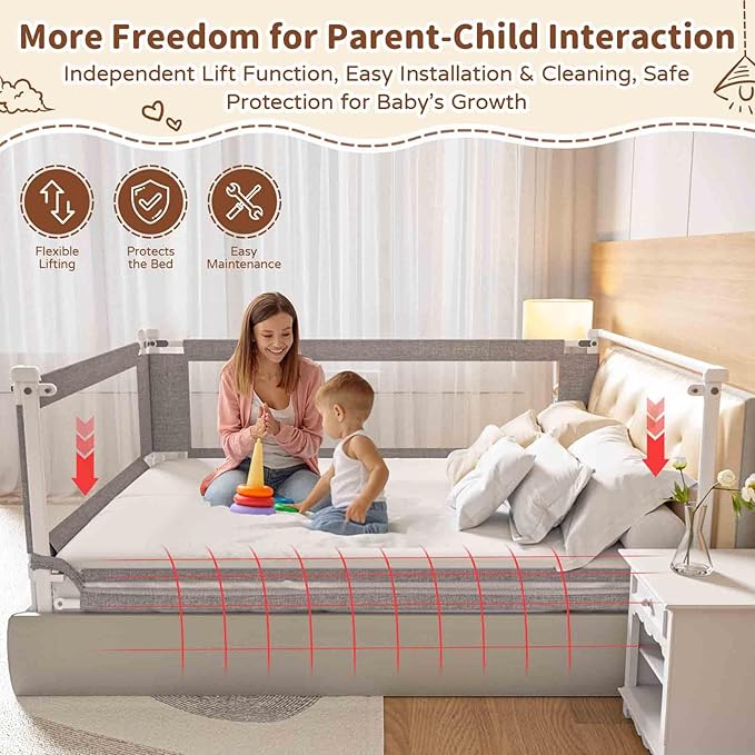 3-Piece Full Size Bed Rail for Toddlers - Height Adjustable Baby Bed Rail Guard with Headboard Rod,Safety Bed Rails for Full Size Bed with Child Lock(54x74.8x74.8 Inch)