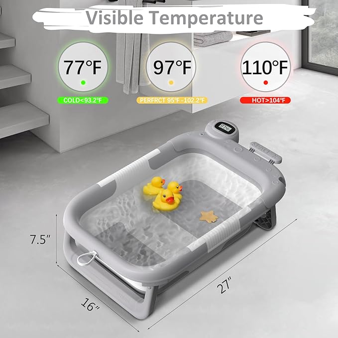 Collapsible Baby Bath Tub for Newborn to Toddler with Floating Cushion for Bath Support, Portable Baby Bath Tub with Real-Time Temperature Monitor, Baby Bath Essentials, Gray