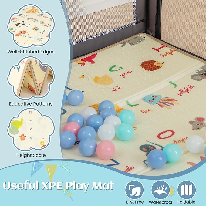 INFANS Baby Playpen, 74” x 62” Extra Large Baby Play Yard with Crawling Mat, 50 Ocean Balls, 4 Pill Up Rings, Basketball Hoop and 2 Football Gates for Toddlers, Indoor Activity Center (Dark Gray)