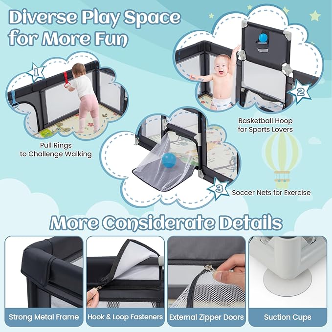 INFANS Baby Playpen, 74” x 62” Extra Large Baby Play Yard with Crawling Mat, 50 Ocean Balls, 4 Pill Up Rings, Basketball Hoop and 2 Football Gates for Toddlers, Indoor Activity Center (Dark Gray)