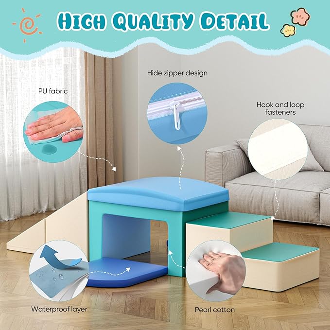 Lischwert Soft Foam Climber Play Set with Slide, Stairs, Ramp - Indoor Climbing Toys for Toddlers, 6 Pieces (Light Blue)