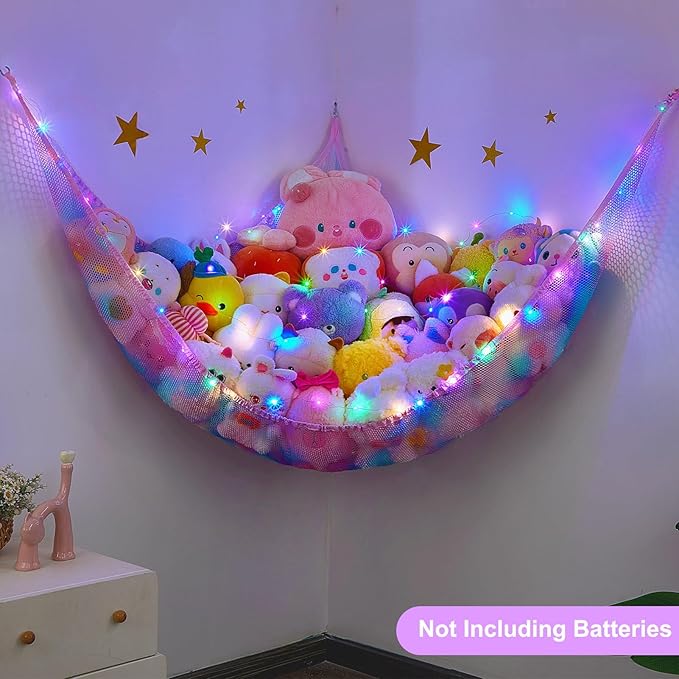 Unicorn Castle Stuffed Animals Net or Hammock Kids Toy Storage Organizer with LED Light Hanging Corner Stuffed Animals Holder Kids Girls Room Decor (Pack of 1)