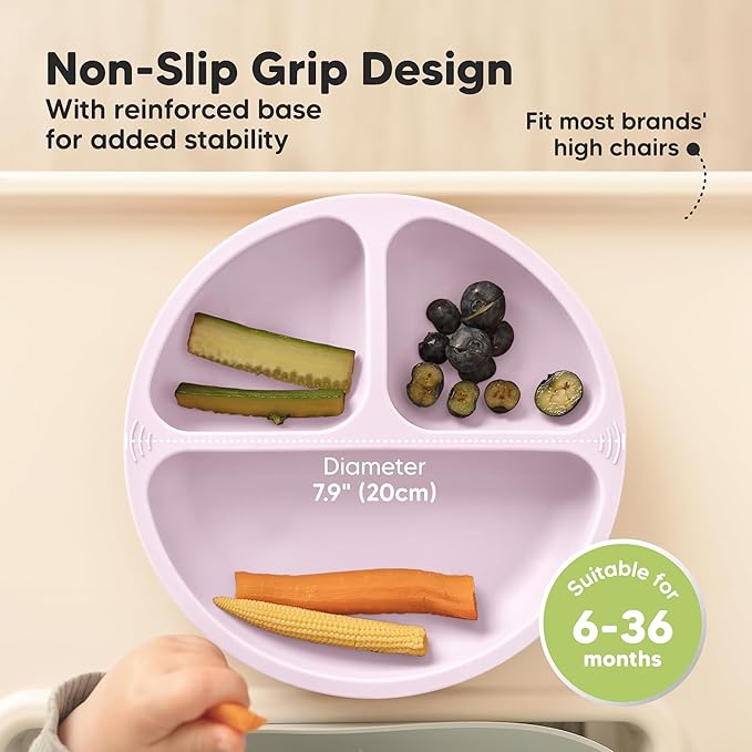 KeaBabies Suction Plates for Baby, Toddler - 3-Pack 100% Silicone Toddler Plates with Suction, Divided, BPA-Free Baby Led Weaning Essentials for Kids, Dishwasher, Microwave Safe, Durable (Amethyst)