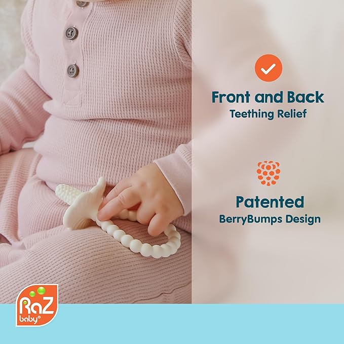 RaZbaby RaZberry Plus Baby Teether – Easy-to-Hold Toy for Front & Back Teething Relief, BerryBumps Texture for Sensory Development, Soothes Sore Gums, BPA-Free, Great Gift for Babies 3M+ – Grey