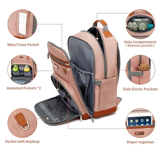 Diaper Bag Backpack, Large Baby Nappy Bags with Portable Changing Pad for Boys and GirlsMultifunction Travel Baby Bag for Moms Dads, Shower Gifts Waterproof and Stylish,Deep Powder