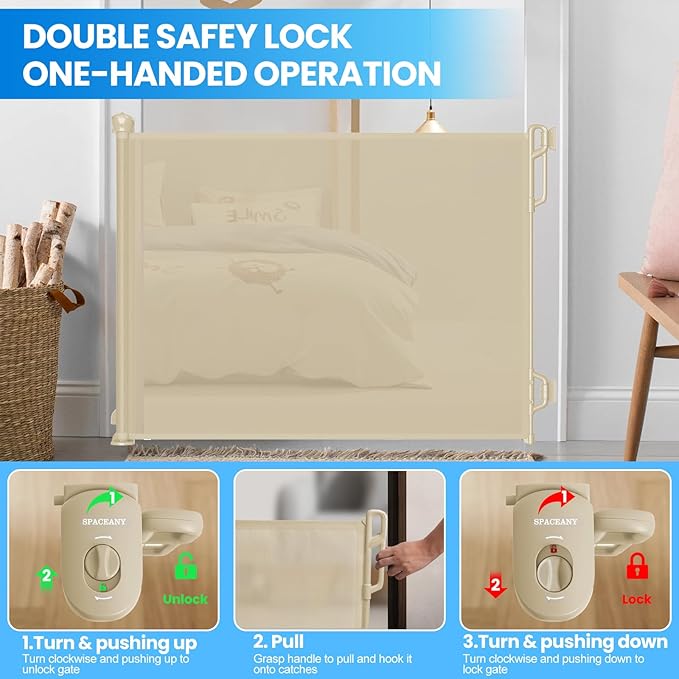 Retractable Safety Baby Gate or Mesh Dog Gate,Durable Portable Mesh Retractable Gate,Easy to Use for Stairs, Doorways, Hallways, Indoor, Outdoor, 33.5" Tall, Up to 45" Wide, Cream