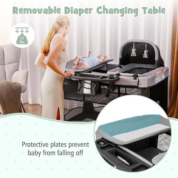 HONEY JOY Pack and Play with Bassinet, 5 in 1 Portable Baby Playard w/Changing Table, Removable Infant Full-Size Bassinet & Mattress, Diaper Storage Bag, Foldable Newborn Nursery Center w/Carry Bag