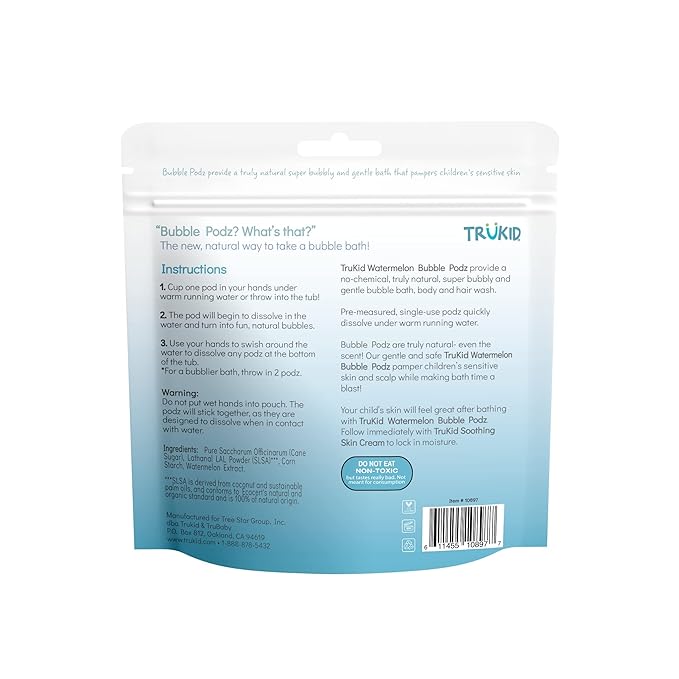 TruKid Bubble Podz Bubble Bath for Kids, Toddlers, & Babies, Tear Free Gentle & Refreshing Bath Bomb for Sensitive Skin with Natural Moisturizers, Non-Toxic, pH Balanced, Watermelon Scent (10 Podz)