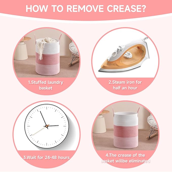 CLHMILY&Z 100L Laundry Basket Round Storage Rope Basket - 18.1x24 Inches - Pink Hamper in Bedreoom and Cute Storage Bin for Blankets, Toys, and Nursery Essentials