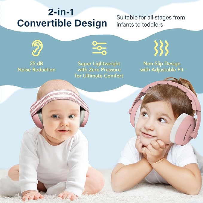2-in-1 Baby Ear Muffs for Hearing Protection, Noise Cancelling Earmuffs for Babies and Toddlers up to 48 Months