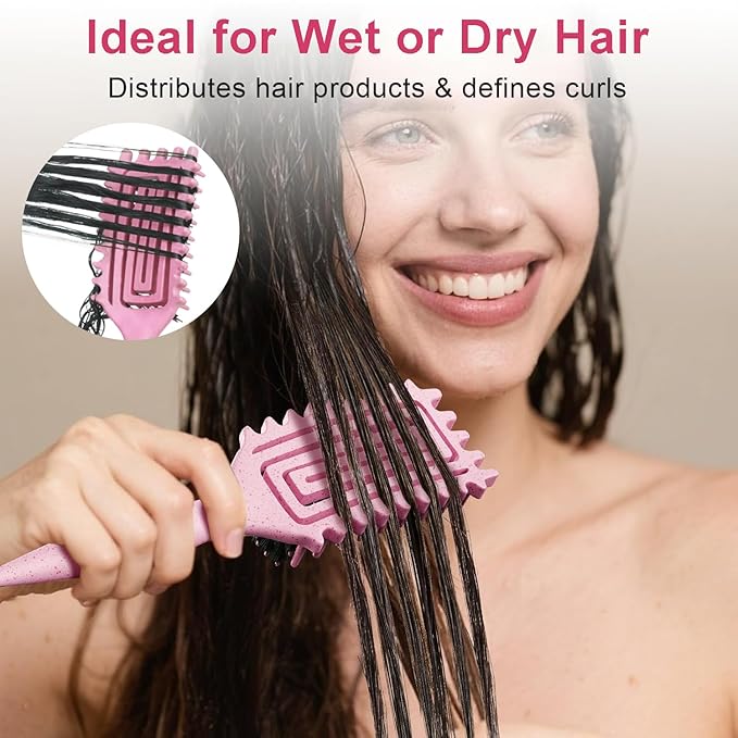 2-Pack Curly Hair Brush, Curl Defining Brush with Soft Boar Bristles Detangling Tangled Glides, Wide-Teeth Design Effortlessly Shaping & Defining Curls, Curling Definer for Wet & Dry Hair(Pink Purple)