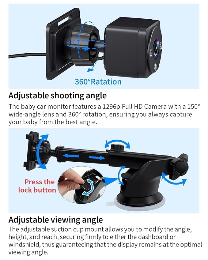 Baby Car Camera, 1296p HD, Car Baby Monitor with 7" Touchscreen, CarPlay, No-Glow Night Vision, 150° Wide Angle, Live Rear Seat View, Easy Installation, Fits Most Cars