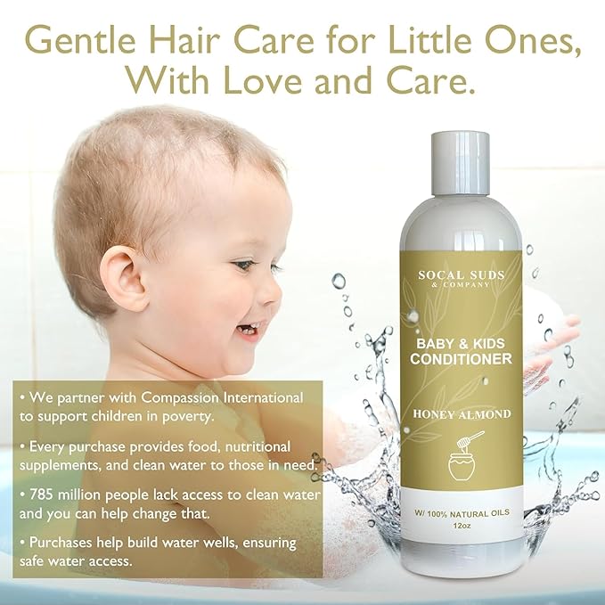 SoCal Suds & Company - Organic Baby & Kids Conditioner - Gentle Natural Vitamin Rich Ingredient Organic Oils for Babies and Kids Sensitive Scalp - 12oz (12 Fl Oz (Pack of 2), Honey Almond)