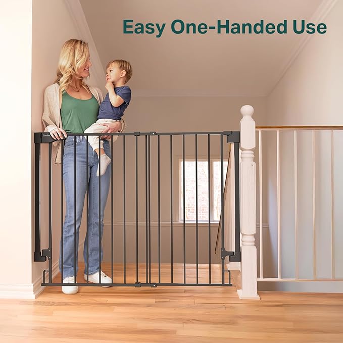Cumbor 34" Extra Tall No Bottom Bar Baby Gate for Stairs, Wall Mounted Dog Gate Indoor for Larger Pets, Expandable 29.2-43" Safety Gate for Doorways, Wide Walk Thru Door for Easy Access (Black)